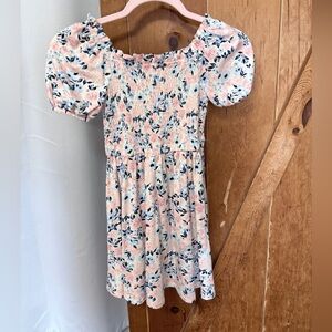 BCBGirls Pink Floral Smocked Puff-Sleeve Dress with Navy Leaf Accents